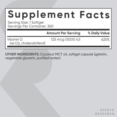 Vitamina D3 con Aceite de Coco - Cápsulas Blandas - Sports Research
