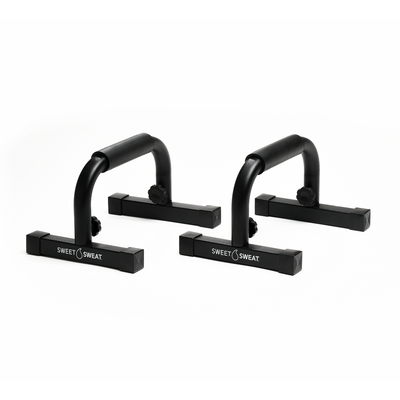 Sweet Sweat Push Up Bars 2 pack, black in color with white logo. Fully assembled.