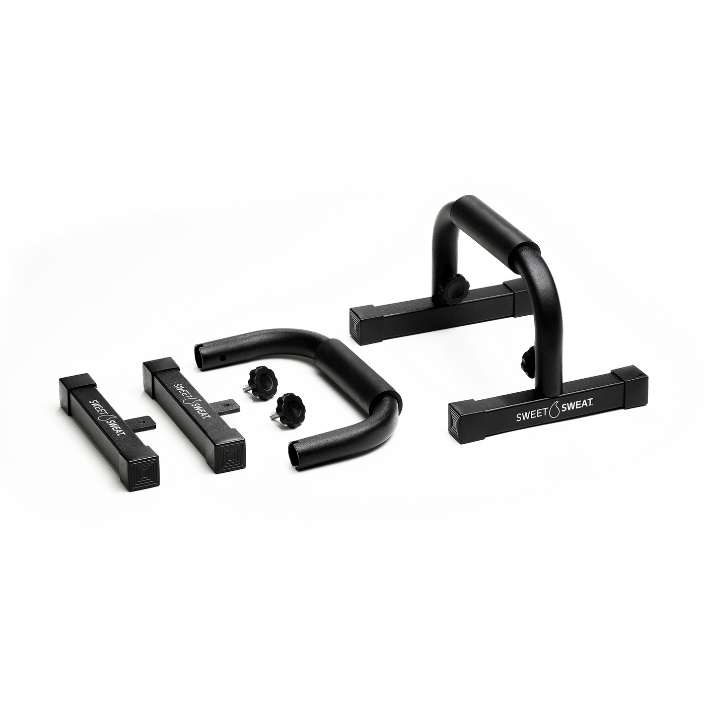 Sweet Sweat Push Up Bars 2 pack, black in color with white logo. One fully assembled, one disassembled.