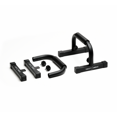 Sweet Sweat Push Up Bars 2 pack, black in color with white logo. One fully assembled, one disassembled.